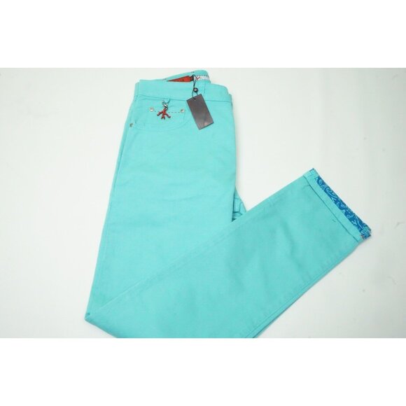 Isaia 5 Tasche Cint Spiga Cotton Blend Aqua Blue Paisley Line Pant 50R Brand New